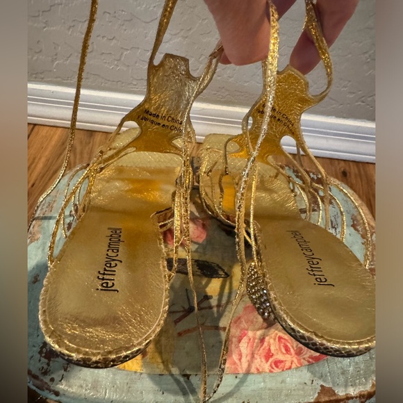 Jeffrey Campbell Le Freak Gold Metallic Tie up Sandal with Rhinestone Heel 6.5 - Picture 6 of 16